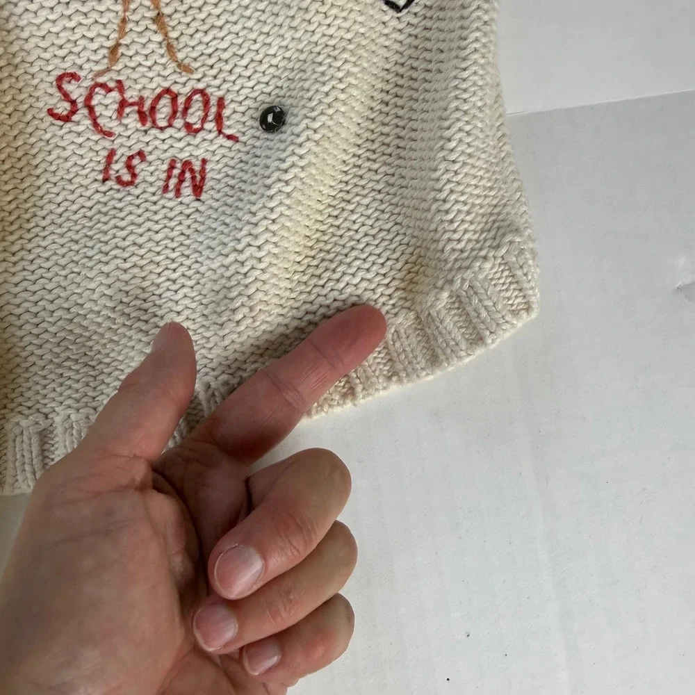 Christopher & Banks Hand Embroidered School Teacher Zip Sweater Vest Cream Large